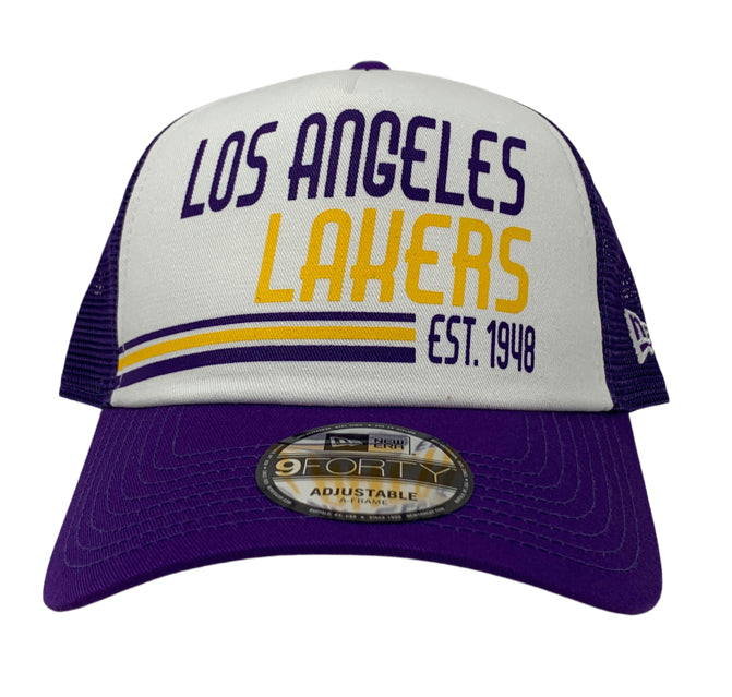 Los Angeles Lakers Snapback New Era 9Forty Stacked A-Frame Trucker Purple Cap Hat - THE 4TH QUARTER