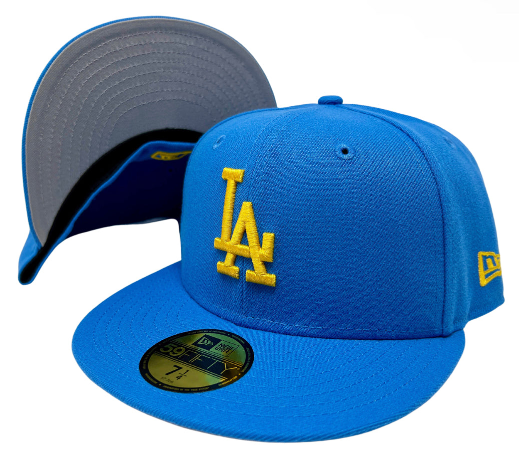 Los Angeles Dodgers Fitted New Era 59Fifty Sky Blue Gold Logo Hat Cap Grey UV - THE 4TH QUARTER