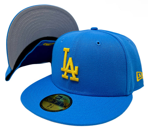 Los Angeles Dodgers Fitted New Era 59Fifty Sky Blue Gold Logo Hat Cap Grey UV