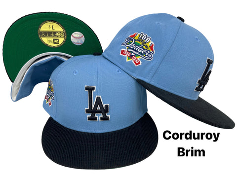Los Angeles Dodgers Fitted New Era 59Fifty 100th Anniversary Sky Black Corduroy Cap Hat Green UV