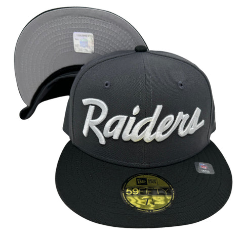 Raiders Fitted New Era 59Fifty Script Charcoal Black Cap Hat Grey UV