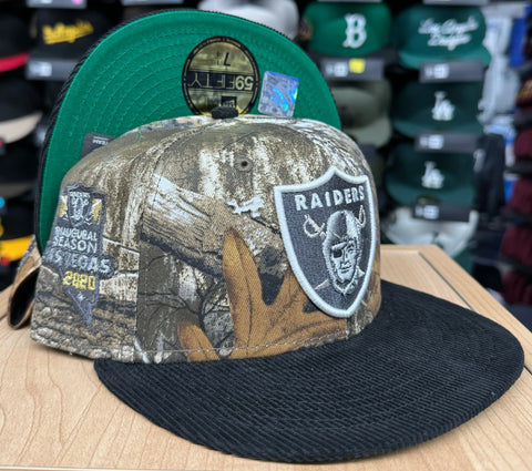 Raiders Fitted New Era 59Fifty 2020 Inaugural RealTree Black Corduroy Cap Hat Green UV