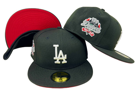 Los Angeles Dodgers Fitted New Era 59Fifty 100th Anniversary Black Cap Hat RED UV