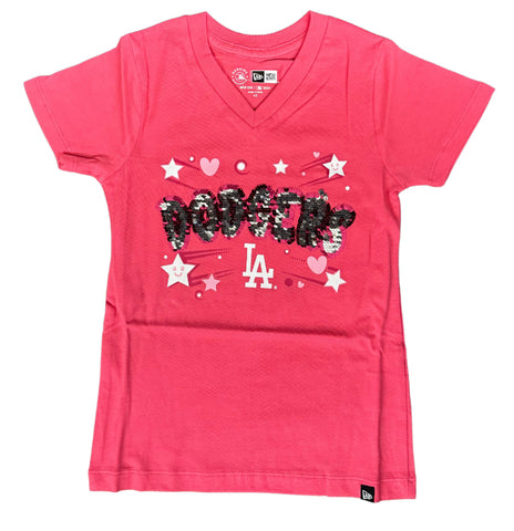 Los Angeles Dodgers Kids Youth T-Shirt New Era Girls (4-14) V-Neck Pink Sequence Tee