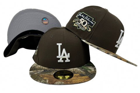 Los Angeles Dodgers New Era 59Fifty 50th JR Anniv. Brown Realtree Fitted Hat Cap Grey UV