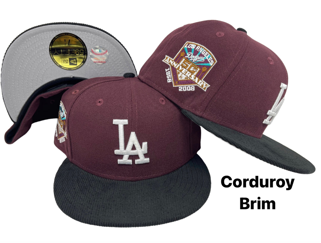Los Angeles Dodgers Fitted New Era 59Fifty 50th Anniversary Maroon Black Corduroy Cap Hat Grey UV - THE 4TH QUARTER