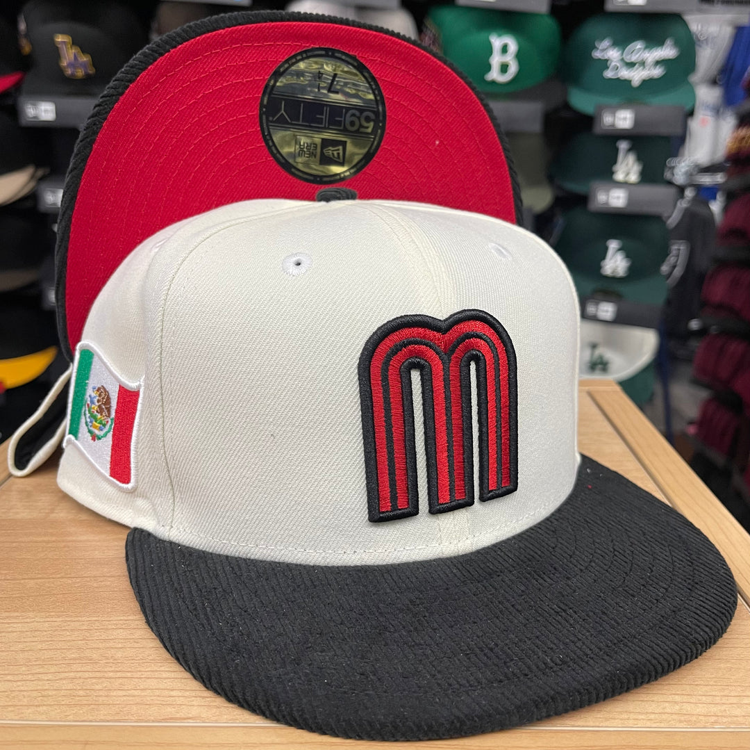 Mexico Fitted New Era 59FIFTY Chrome Black Corduroy Hat Cap Red UV - THE 4TH QUARTER