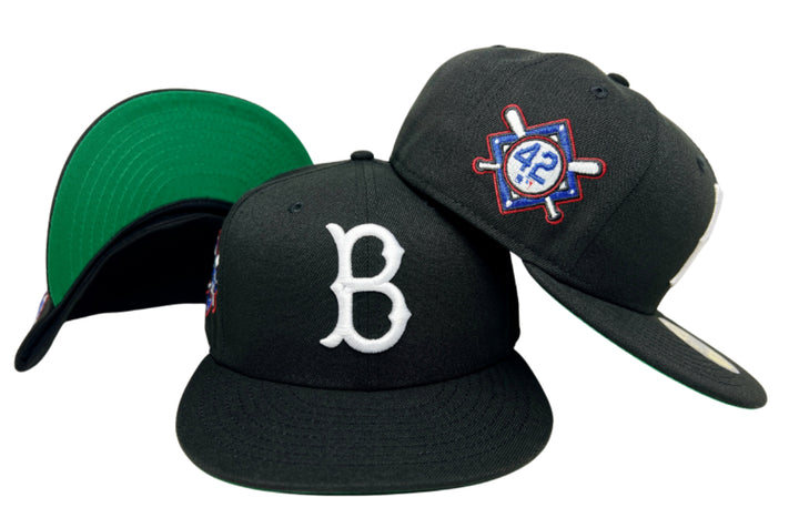 Brooklyn Dodgers Fitted New Era 59Fifty Jackie Robinson 42 Black Cap Hat Green UV - THE 4TH QUARTER