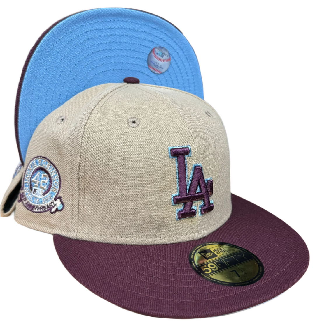 Dodgers Fitted New Era 59Fifty Jackie Robinson 60th Anniversary Camel Maroon Cap Hat Sky UV - THE 4TH QUARTER
