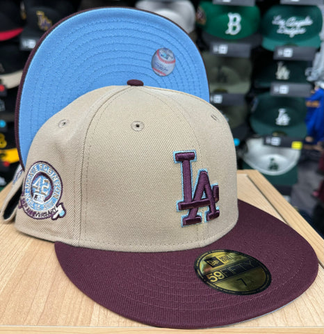Dodgers Fitted New Era 59Fifty Jackie Robinson 60th Anniversary Camel Maroon Cap Hat Sky UV