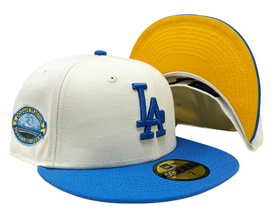 Dodgers Fitted New Era 59Fifty 50th Stadium Anniv. Chrome Sky Cap Hat Yellow UV - THE 4TH QUARTER