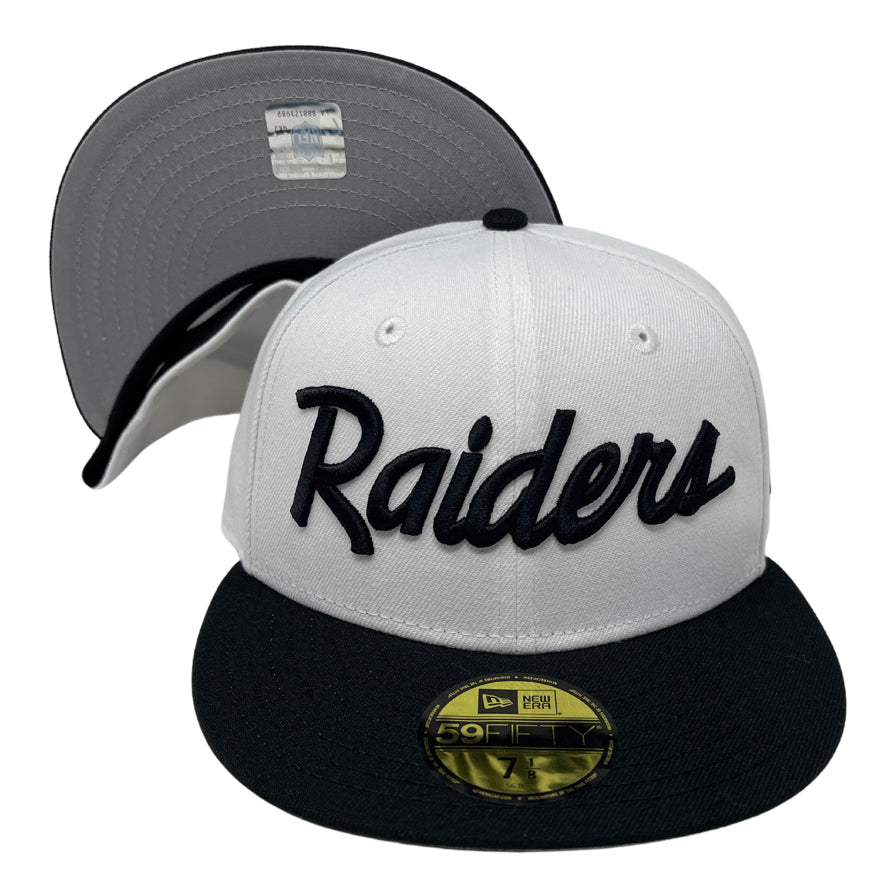 Raiders Fitted New Era 59Fifty Script White Black Cap Hat Grey UV - THE 4TH QUARTER
