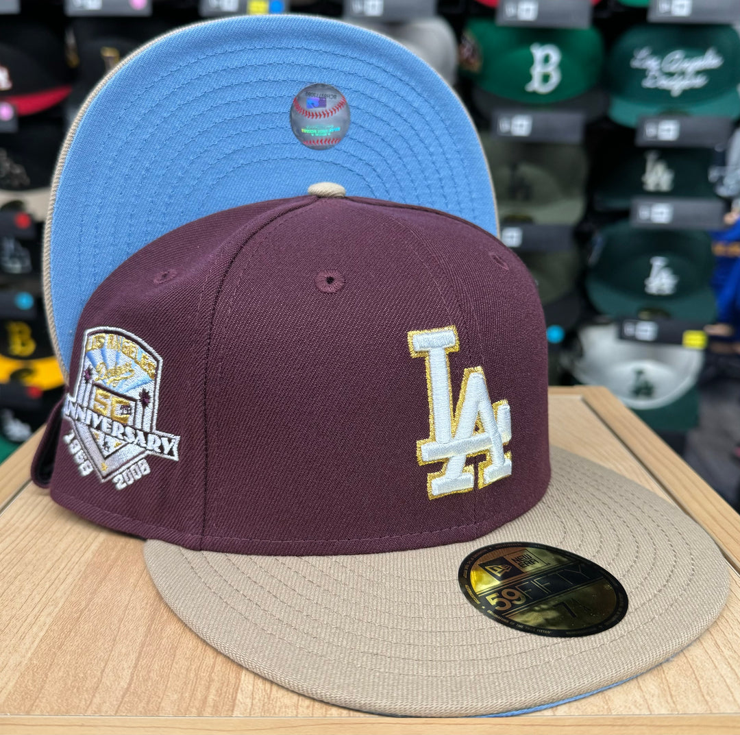 Dodgers Fitted New Era 59Fifty 50th Anniversary Maroon Camel Cap Hat Sky UV - THE 4TH QUARTER