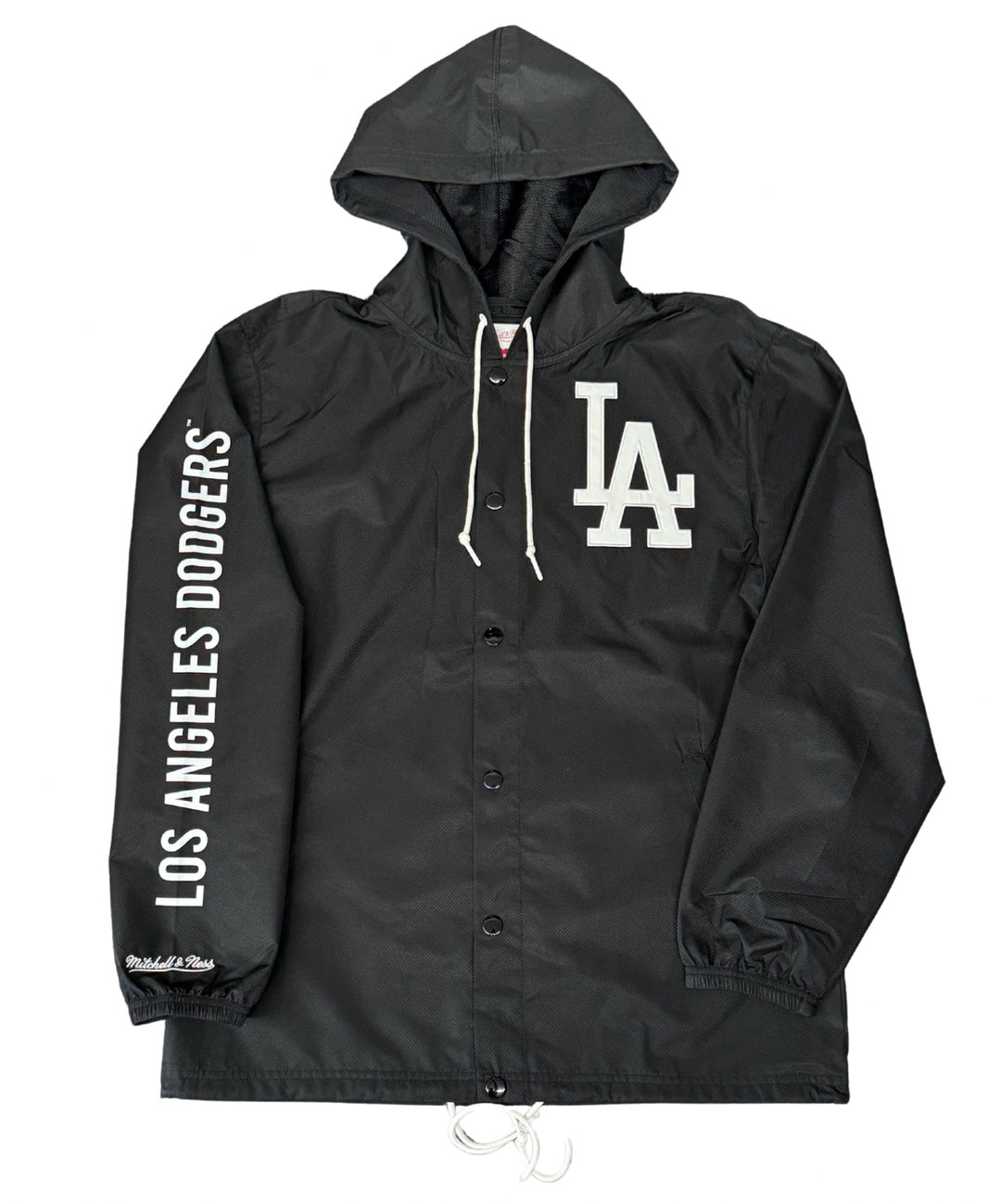 Los Angeles Dodgers Mens Mitchell & Ness Mexico Wordmark Hooded Coaches Jacket Black - THE 4TH QUARTER