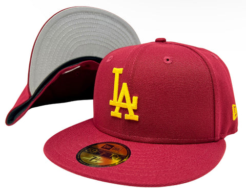 Los Angeles Dodgers Fitted New Era 59Fifty Burgundy Gold Logo Hat Cap Grey UV