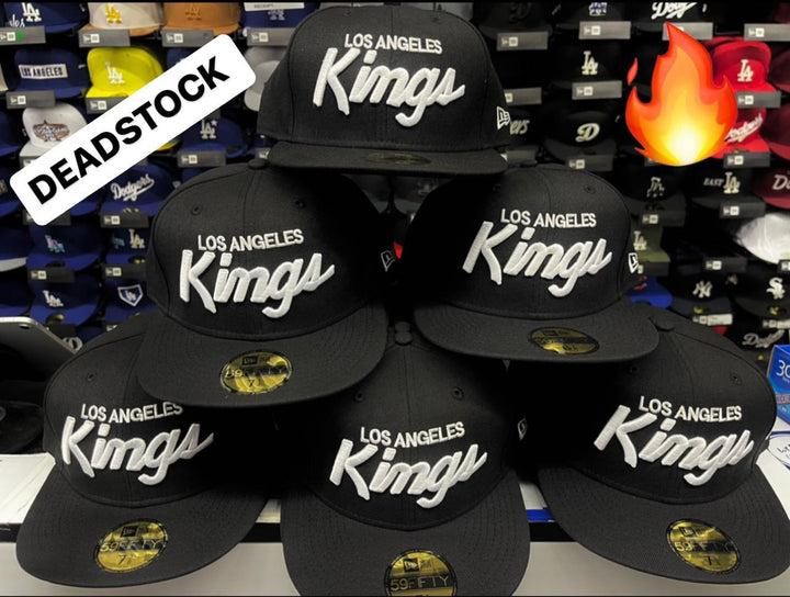 Los Angeles Kings Fitted New Era 59Fifty White Script Cap Hat Black - THE 4TH QUARTER