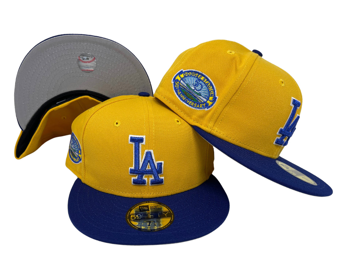 Los Angeles Dodgers Fitted New Era 59Fifty 50th Anniversary Yellow Gold Blue Cap Hat Grey UV - THE 4TH QUARTER