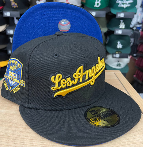 Los Angeles Dodgers Fitted New Era 59FIFTY Gold City Script Black Cap Hat Royal UV