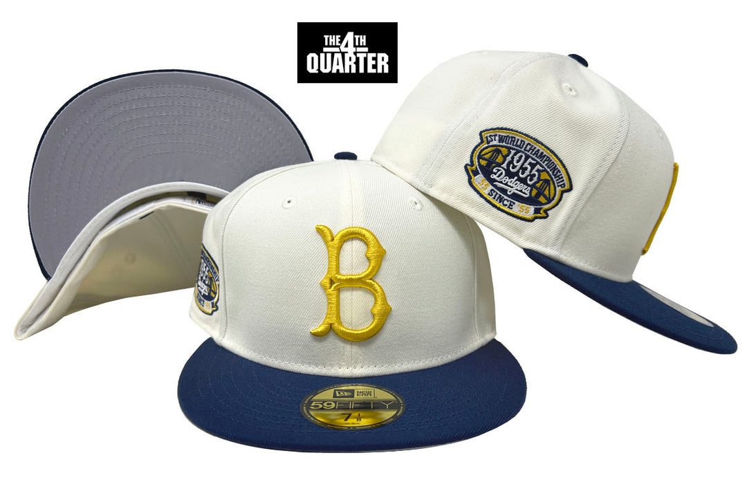 Brooklyn Dodgers Fitted New Era 59Fifty 1955 Yellow Logo Chrome Navy Cap Hat Grey UV - THE 4TH QUARTER