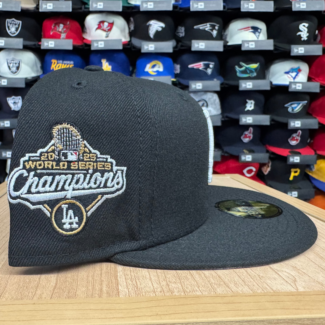 Los Angeles Dodgers Fitted New Era 59Fifty Gold 2025 WS Champions Black Cap Hat Grey UV - THE 4TH QUARTER