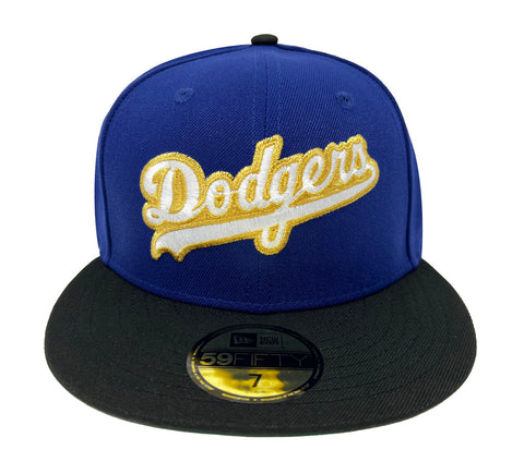 Los Angeles Dodgers New Era Fitted 59Fifty Gold Wordmark Blue Black Cap Hat Green UV
