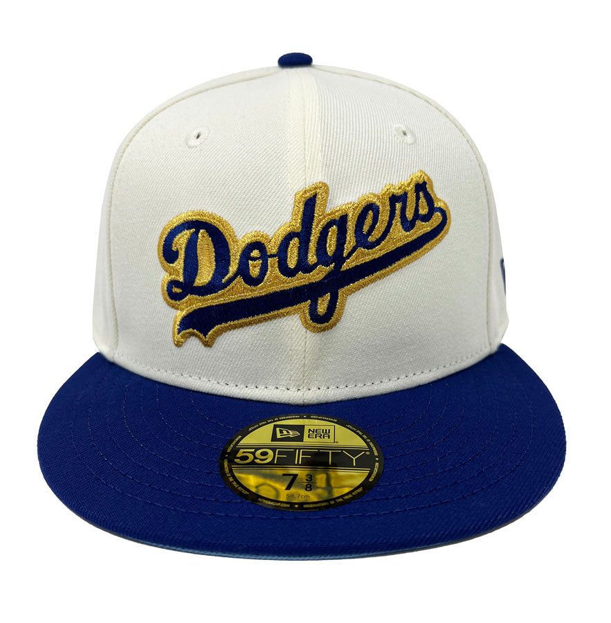 Los Angeles Dodgers New Era Fitted 59Fifty Gold Wordmark Chrome Blue Cap Hat Sky UV - THE 4TH QUARTER