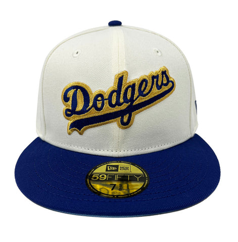 Los Angeles Dodgers New Era Fitted 59Fifty Gold Wordmark Chrome Blue Cap Hat Sky UV