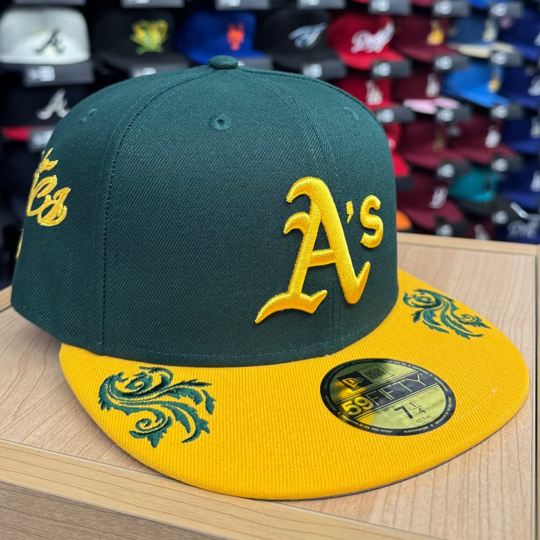 Oakland Athletics Fitted New Era 59FIFTY Mariachi Script Green Yellow Cap Hat - THE 4TH QUARTER