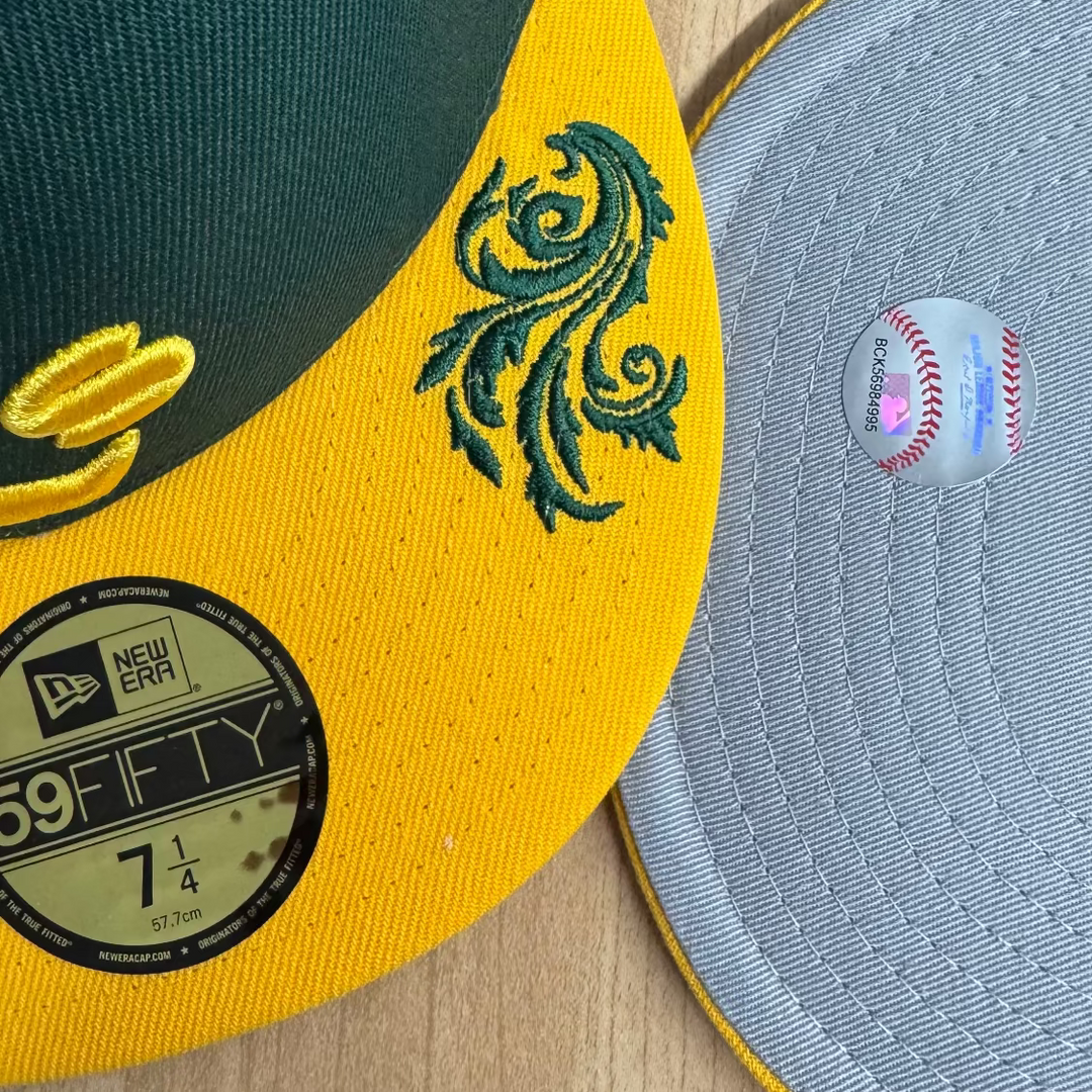 Oakland Athletics Fitted New Era 59FIFTY Mariachi Script Green Yellow Cap Hat - THE 4TH QUARTER