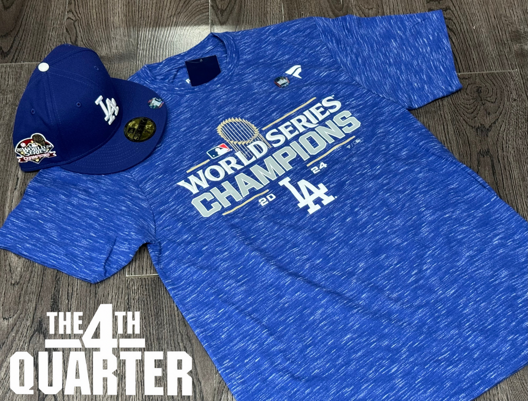 Los Angeles Dodgers Mens T-Shirt 2024 World Series Champions Locker Room Tee Blue Heather - THE 4TH QUARTER