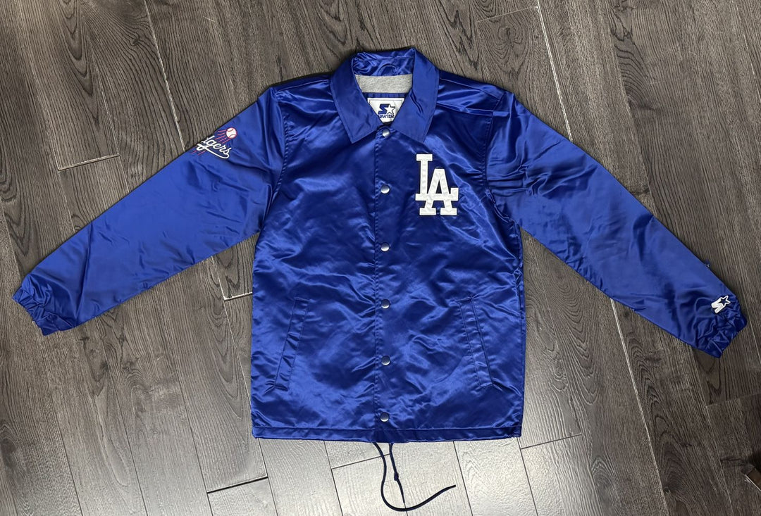 Los Angeles Dodgers Mens Jacket Starter Button Down Ice Cube Satin Coaches Blue - THE 4TH QUARTER