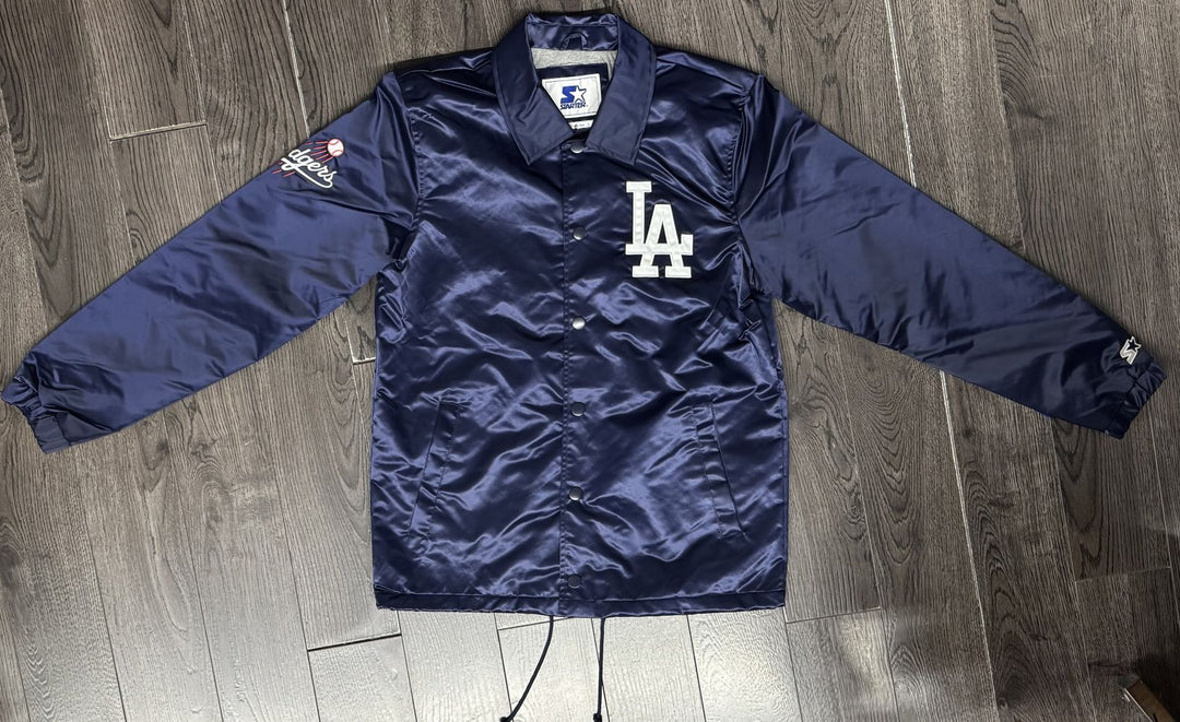 Los Angeles Dodgers Mens Jacket Starter Button Down Ice Cube Satin Coaches Navy - THE 4TH QUARTER