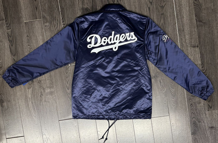 Los Angeles Dodgers Mens Jacket Starter Button Down Ice Cube Satin Coaches Navy - THE 4TH QUARTER