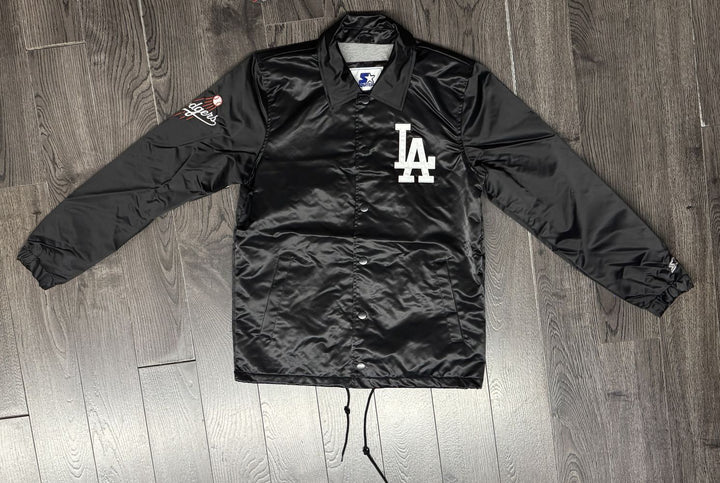 Los Angeles Dodgers Mens Jacket Starter Button Down Ice Cube Satin Coaches Black - THE 4TH QUARTER