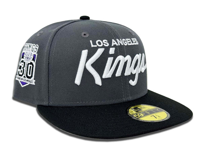 Los Angeles Kings Fitted New Era 59Fifty 30th Anniversary Script Charcoal Black Cap Hat Grey UV - THE 4TH QUARTER