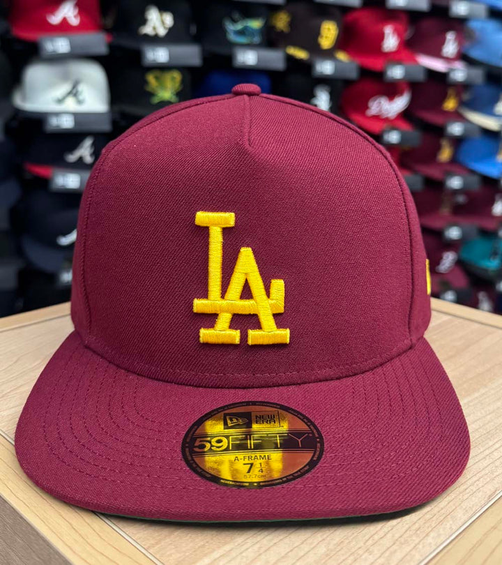 Los Angeles Dodgers Fitted New Era 59Fifty A-Frame Burgundy Yellow Logo USC Hat Cap Green UV