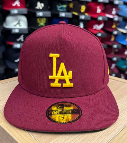 Los Angeles Dodgers Fitted New Era 59Fifty A-Frame Burgundy Yellow Logo USC Hat Cap Green UV