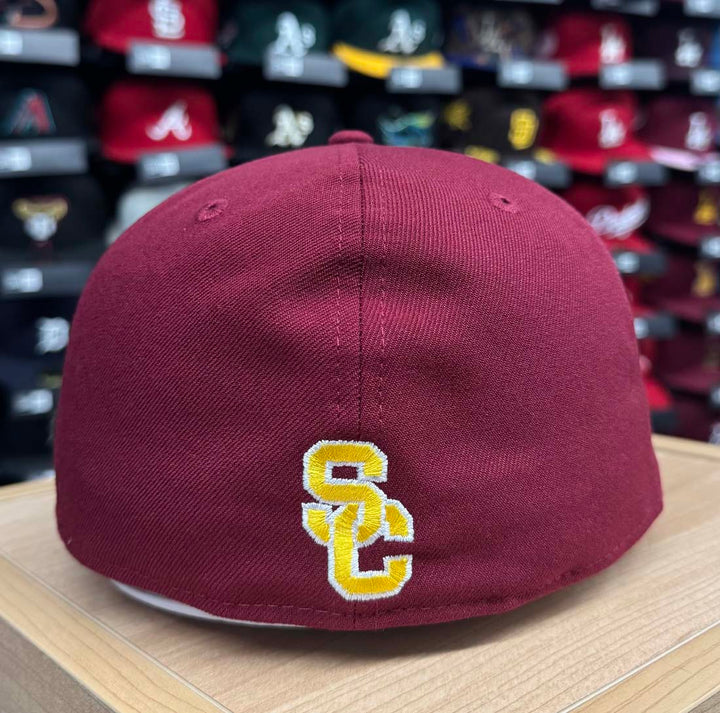 Los Angeles Dodgers Fitted New Era 59Fifty A-Frame Burgundy Yellow Logo USC Hat Cap Green UV