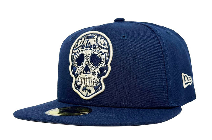 Los Angeles Dodgers Fitted New Era 59FIFTY Day of the Dead Sugar Skull Cap Hat Ocean Blue - THE 4TH QUARTER