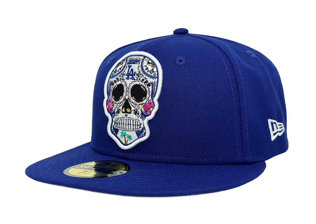 Dodgers Fitted New Era 59FIFTY Day of the Dead Sugar Skull Blue Cap Hat GREY UV - THE 4TH QUARTER
