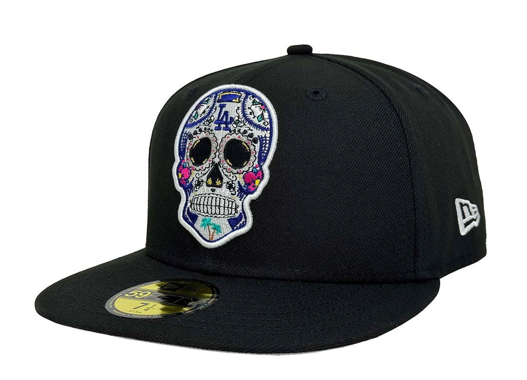 Dodgers Fitted New Era 59FIFTY Day of the Dead Sugar Skull Black Cap Hat Grey UV - THE 4TH QUARTER