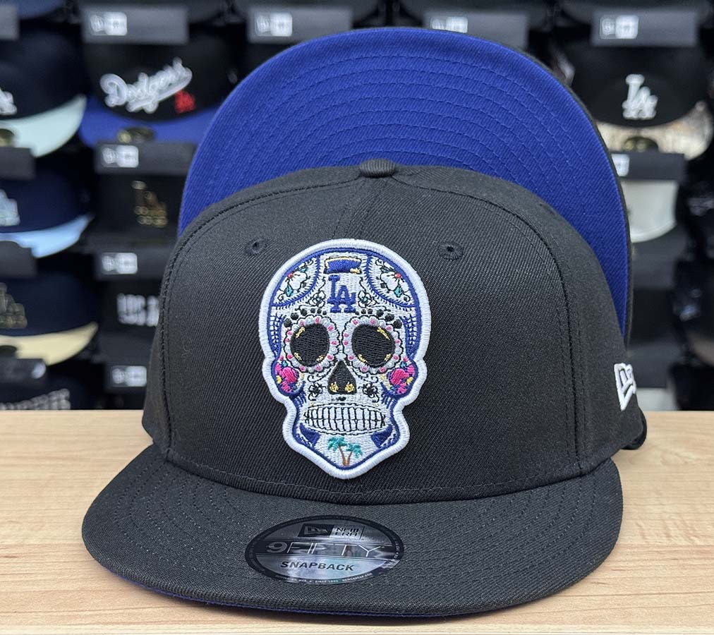 Los Angeles Dodgers Snapback New Era 9FIFTY Day of the Dead Sugar Skull Black Cap Hat Blue UV - THE 4TH QUARTER
