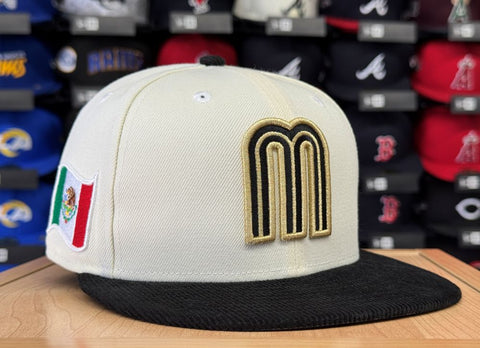 Mexico New Era 59Fifty Fitted Chrome Black Corduroy Flag Patch Hat Cap Grey UV
