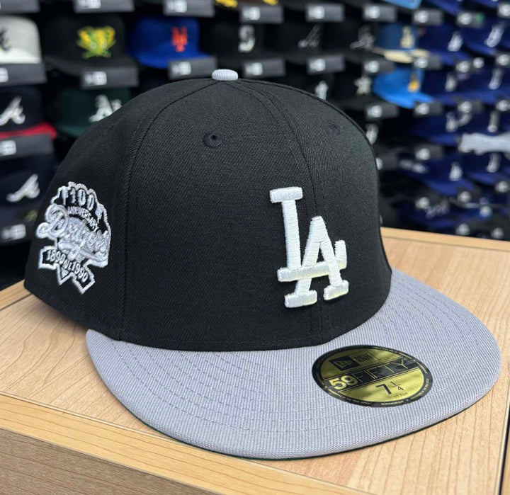 Los Angeles Dodgers New Era 59Fifty 100th Anni Black Grey Fitted Hat Cap Green UV