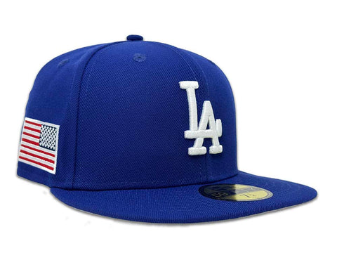 Los Angeles Dodgers Fitted New Era 59Fifty USA Flag Blue Cap Hat Grey UV
