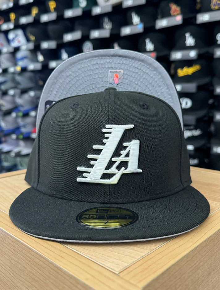 Lakers Fitted New Era 59Fifty LA Logo Black White Cap Hat Grey UV - THE 4TH QUARTER