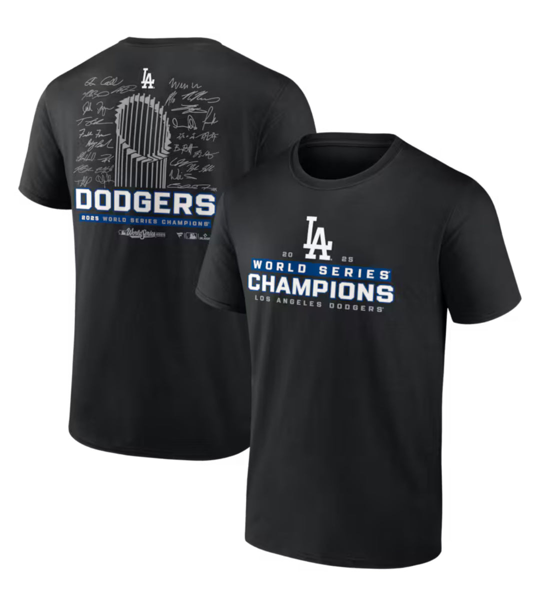 Los Angeles Dodgers Mens 2025 World Series Champions Signature Roster T-Shirt - Black - THE 4TH QUARTER
