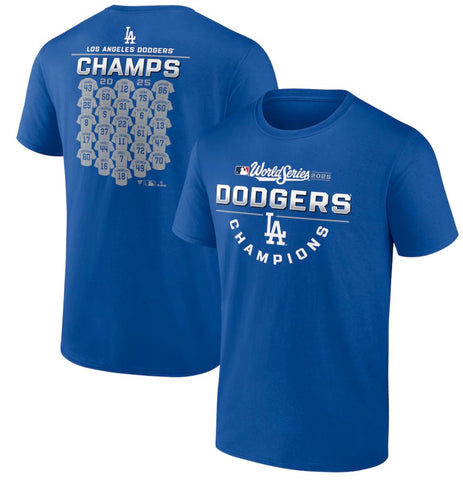 Los Angeles Dodgers Mens 2025 World Series Champions Jersey Roster T-Shirt - Blue