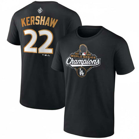 Los Angeles Dodgers Mens 2025 World Series Champions Clayton Kershaw T-Shirt - Black