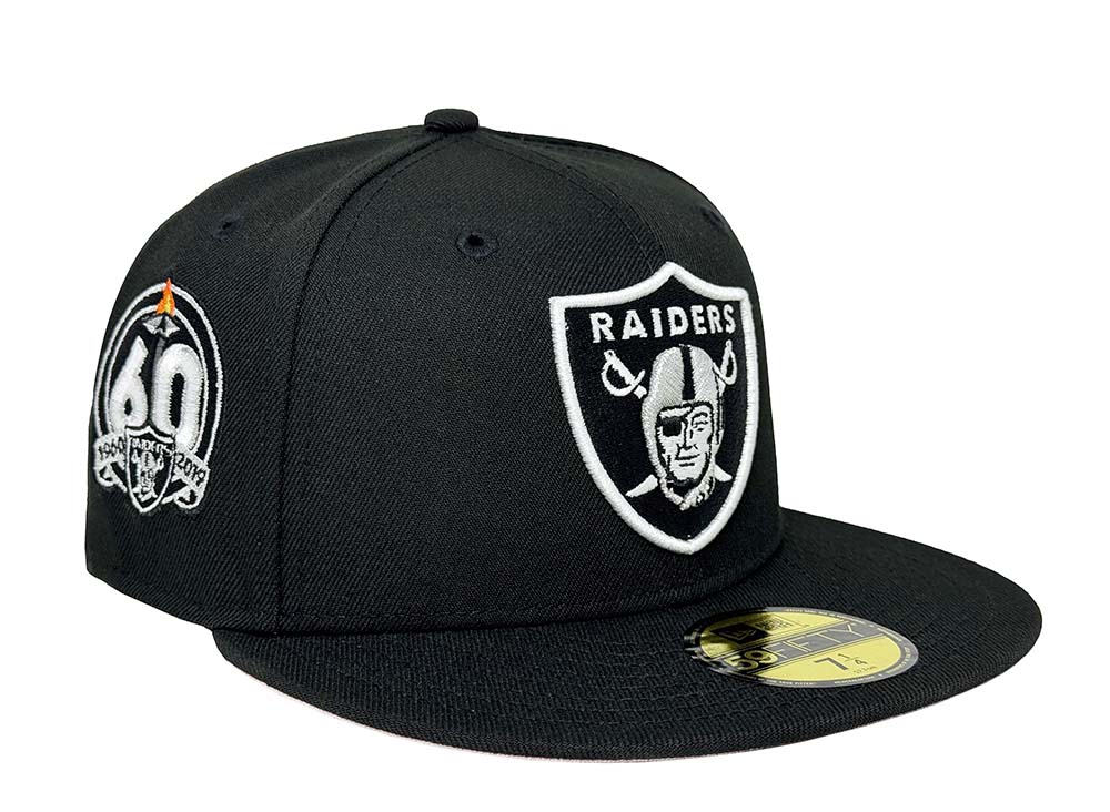Raiders Fitted New Era 59Fifty 60th Anniversary Patch Black Hat Cap Pink UV